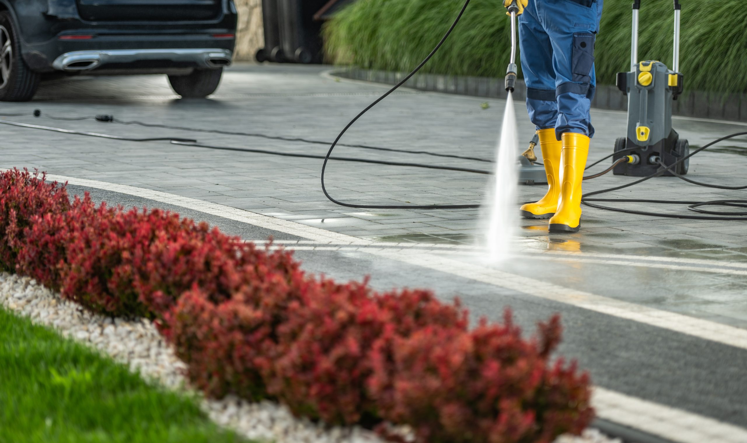 Homeowner,Power,Washing,Residential,Driveway,Using,Pressure,Washer.