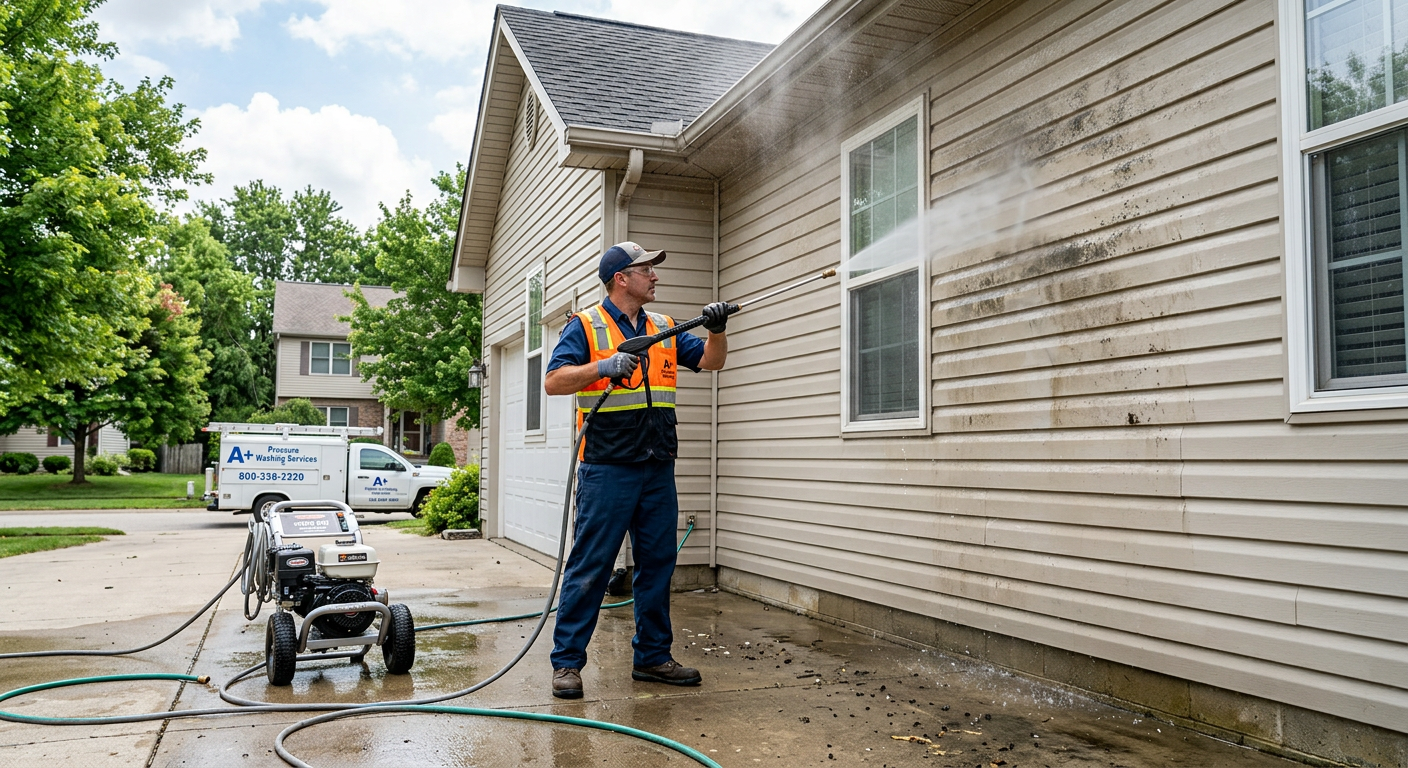 low-foam-surfactant-for-soft-wash-house-washing Low foam surfactant for soft wash being applied during house washing to reduce foam and improve cleaning efficiency