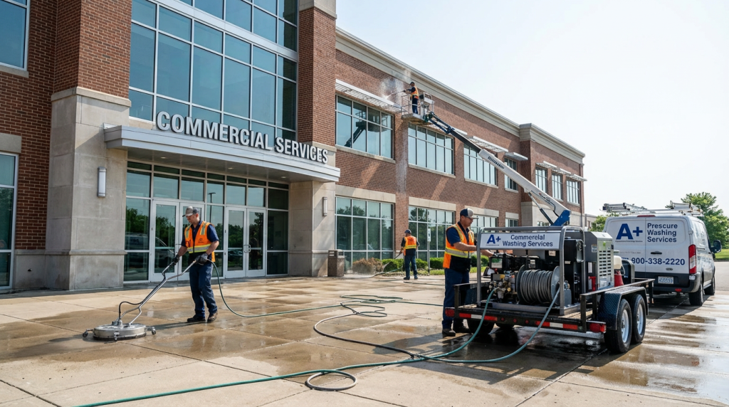 Professional crew using efficient soft wash techniques to reduce bleach usage on commercial building exterior and concrete