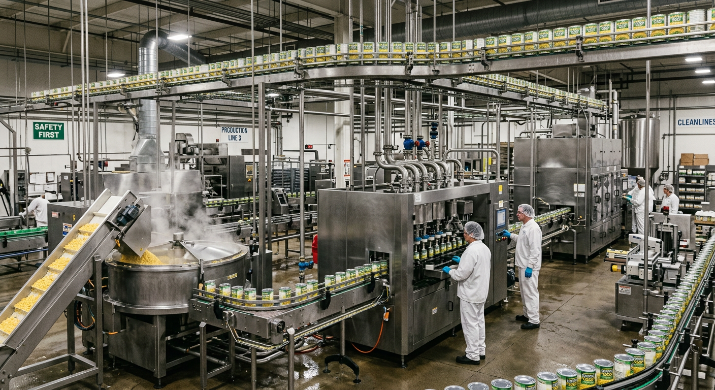 Food processing plant interior with stainless steel CIP-compatible equipment and production line